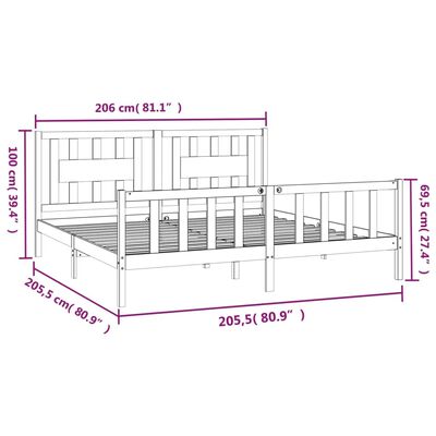 vidaXL Sengeramme med hodegavl grå heltre furu 200x200 cm