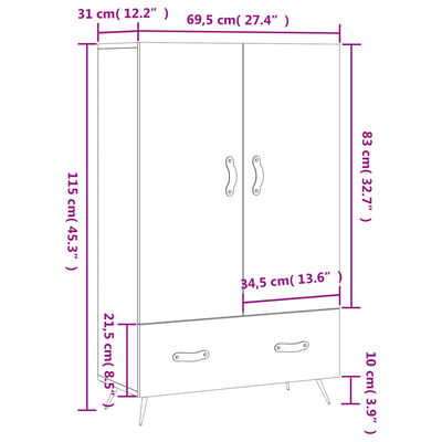 vidaXL Highboard hvit 69,5x31x115 cm konstruert tre