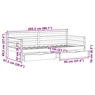 vidaXL Dagseng med skuffer 90x200 cm heltre furu