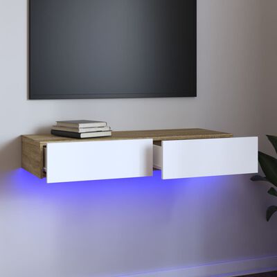 vidaXL TV-benk med LED-lys hvit og sonoma eik 90x35x15,5 cm