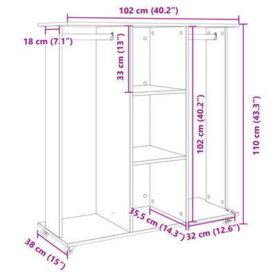 vidaXL Garderobe med hjul hvit 102x38x110 cm konstruert tre