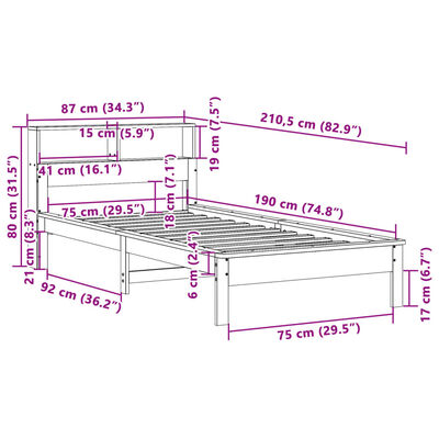 vidaXL Seng med bokhylle uten madrass hvit 75x190 cm heltre furu