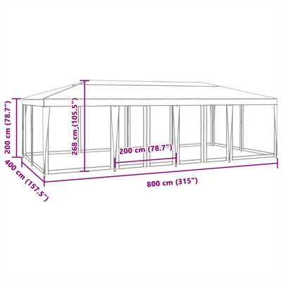 vidaXL Festtelt med 12 sidevegger av netting hvit 8x4 m HDPE