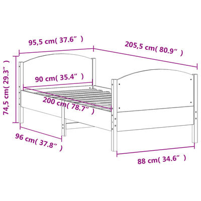 vidaXL Sengeramme uten madrass hvit 90x200 cm heltre furu