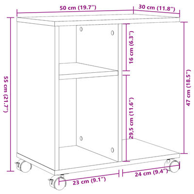 vidaXL Sidebord med hjul hvit 50x30x55 cm konstruert tre