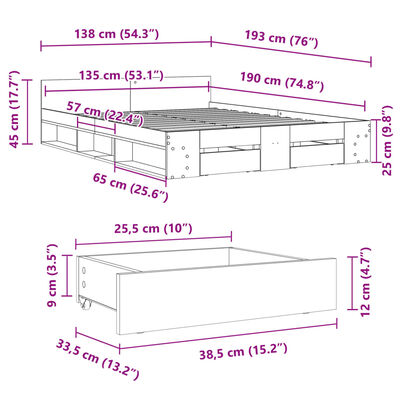 vidaXL Sengeramme med skuffer svart 135x190 cm konstruert tre