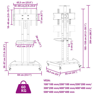 vidaXL TV-stativ på hjul 32-70 tommers skjerm maks VESA 600x400mm 60kg