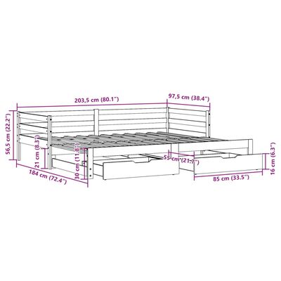 vidaXL Uttrekkbar dagseng med skuffer hvit 90x200 cm heltre furu