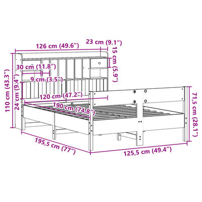 vidaXL Seng med bokhylle uten madrass hvit 120x190 cm heltre furu