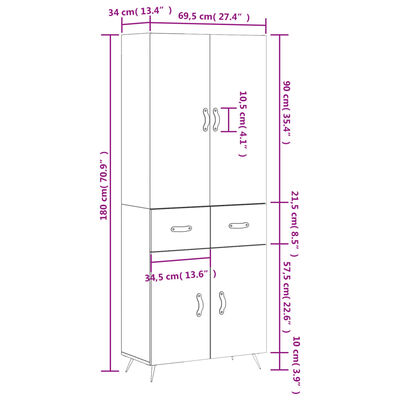 vidaXL Highboard betonggrå 69,5x34x180 cm konstruert tre