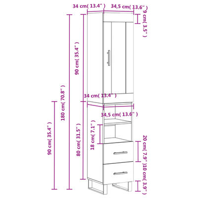 vidaXL Highboard grå sonoma 34,5x34x180 cm konstruert tre