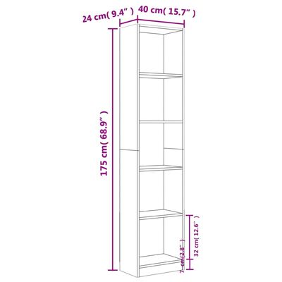 vidaXL Bokhylle 5 etasjer brun eik 40x24x175 cm konstruert tre