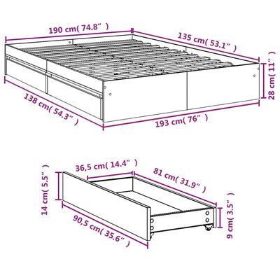 vidaXL Sengeramme med skuffer hvit 135x190 cm konstruert tre