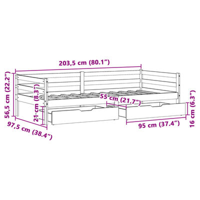 vidaXL Dagseng med skuffer hvit 90x200 cm heltre furu