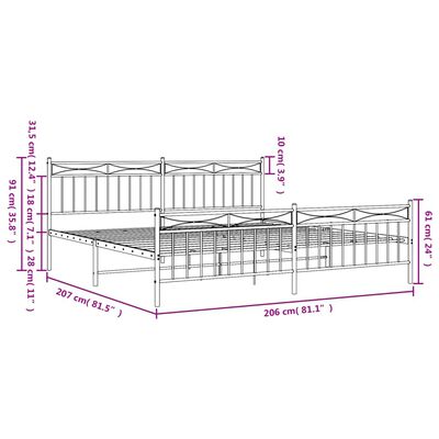 vidaXL Sengeramme i metall med hode- og fotgavl hvit 200x200 cm