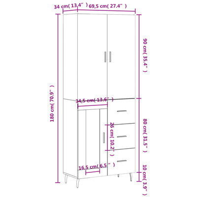 vidaXL Highboard røkt eik 69,5x34x180 cm konstruert tre