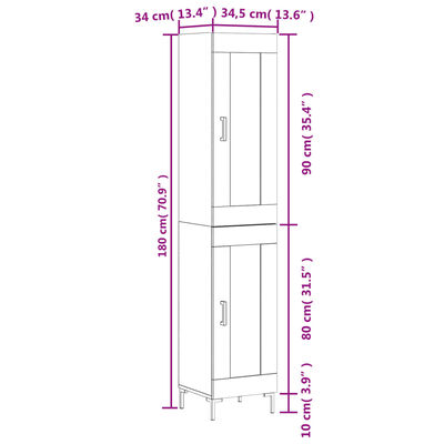 vidaXL Highboard grå sonoma 34,5x34x180 cm konstruert tre