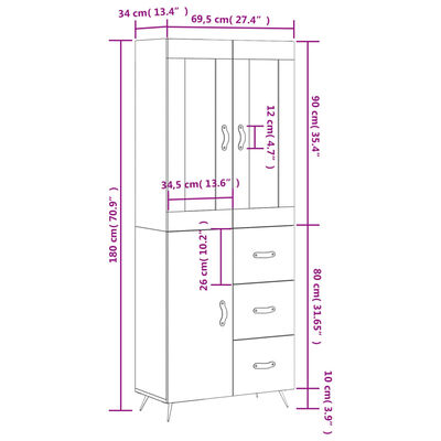 vidaXL Highboard hvit 69,5x34x180 cm konstruert tre