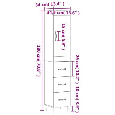 vidaXL Highboard brun eik 34,5x34x180 cm konstruert tre