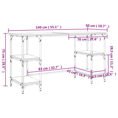 vidaXL Skrivebord grå sonoma 140x50x75 cm metall og konstruert tre