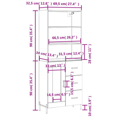 vidaXL Highboard hvit 69,5x34x180 cm konstruert tre