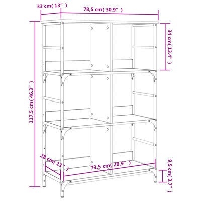 vidaXL Bokhylle grå sonoma 78,5x33x117,5 cm konstruert tre