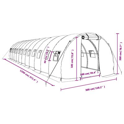 vidaXL Drivhus med stålramme hvit 36 m² 12x3x2 m