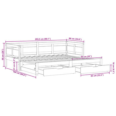 vidaXL Uttrekkbar dagseng med skuffer hvit 80x200 cm heltre furu