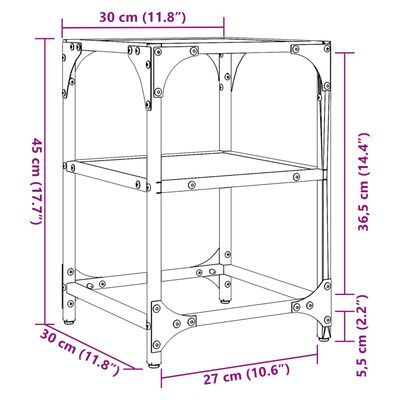 vidaXL Stablebord med gjennomsiktig glassplate 30x30x45 cm stål