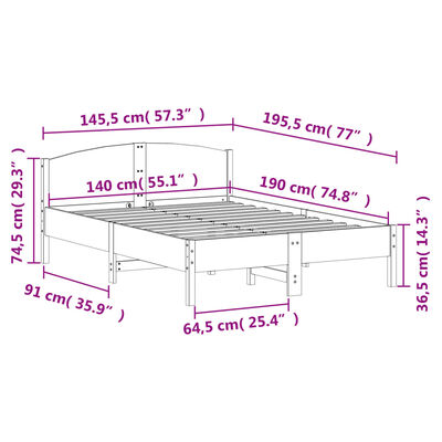 vidaXL Sengeramme uten madrass hvit 140x190 cm heltre furu