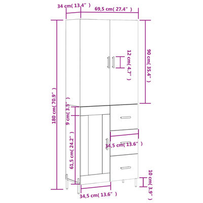 vidaXL Highboard brun eik 69,5x34x180 cm konstruert tre