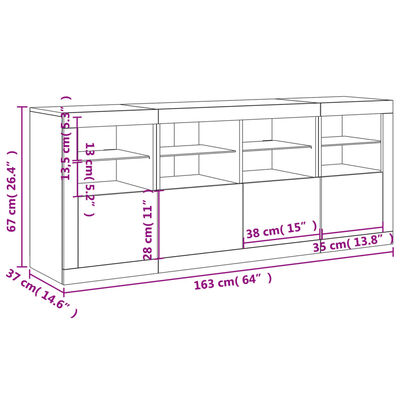 vidaXL Skjenk med LED-lys hvit 163x37x67 cm