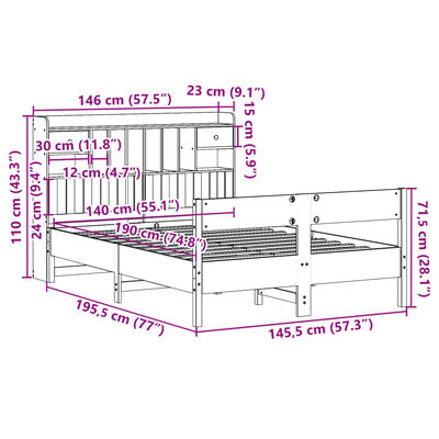 vidaXL Seng med bokhylle uten madrass voksbrun 140x190 cm heltre furu