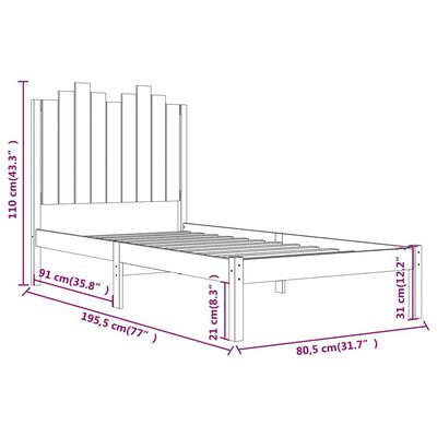 vidaXL Sengeramme hvit heltre furu 75x190 cm Small Single