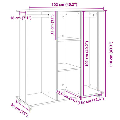 vidaXL Garderobe med hjul svart 102x38x110 cm konstruert tre