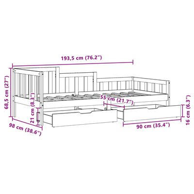 vidaXL Dagseng med skuffer hvit 90x200 cm heltre furu