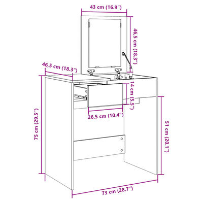 vidaXL Sminkebord med speil brun eik 73x46,5x120 cm