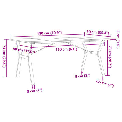 vidaXL Spisebord Y-ramme 180x90x75 cm heltre furu og støpejern