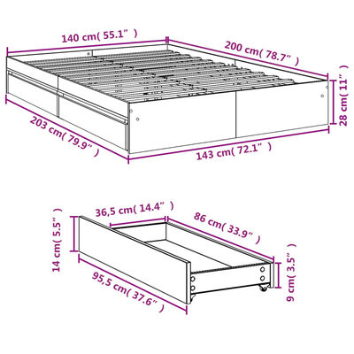 vidaXL Sengeramme med skuffer brun eik 140x200 cm konstruert tre