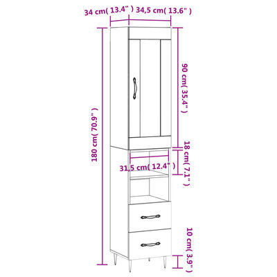 vidaXL Highboard hvit 34,5x34x180 cm konstruert tre