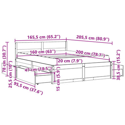 vidaXL Seng med skuffer og madrass 160x200 cm heltre furu