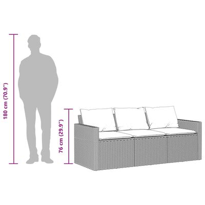 vidaXL Hagesofa med puter 3-seters svart polyrotting