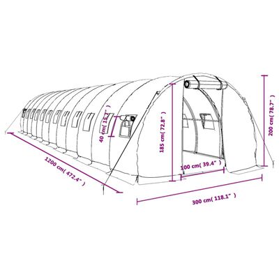 vidaXL Drivhus med stålramme grønn 36 m² 12x3x2 m