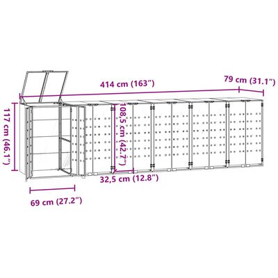 vidaXL Søppeldunkskur for 6 dunker grå 414x79x117 cm stål