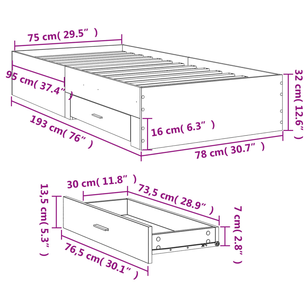 vidaXL Sengeramme med skuffer svart 75x190 cm konstruert tre