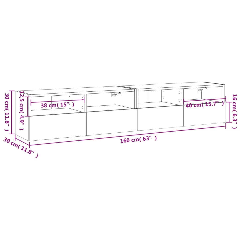 vidaXL Vegghengte TV-benker 2 stk brun eik 80x30x30 cm konstruert tre