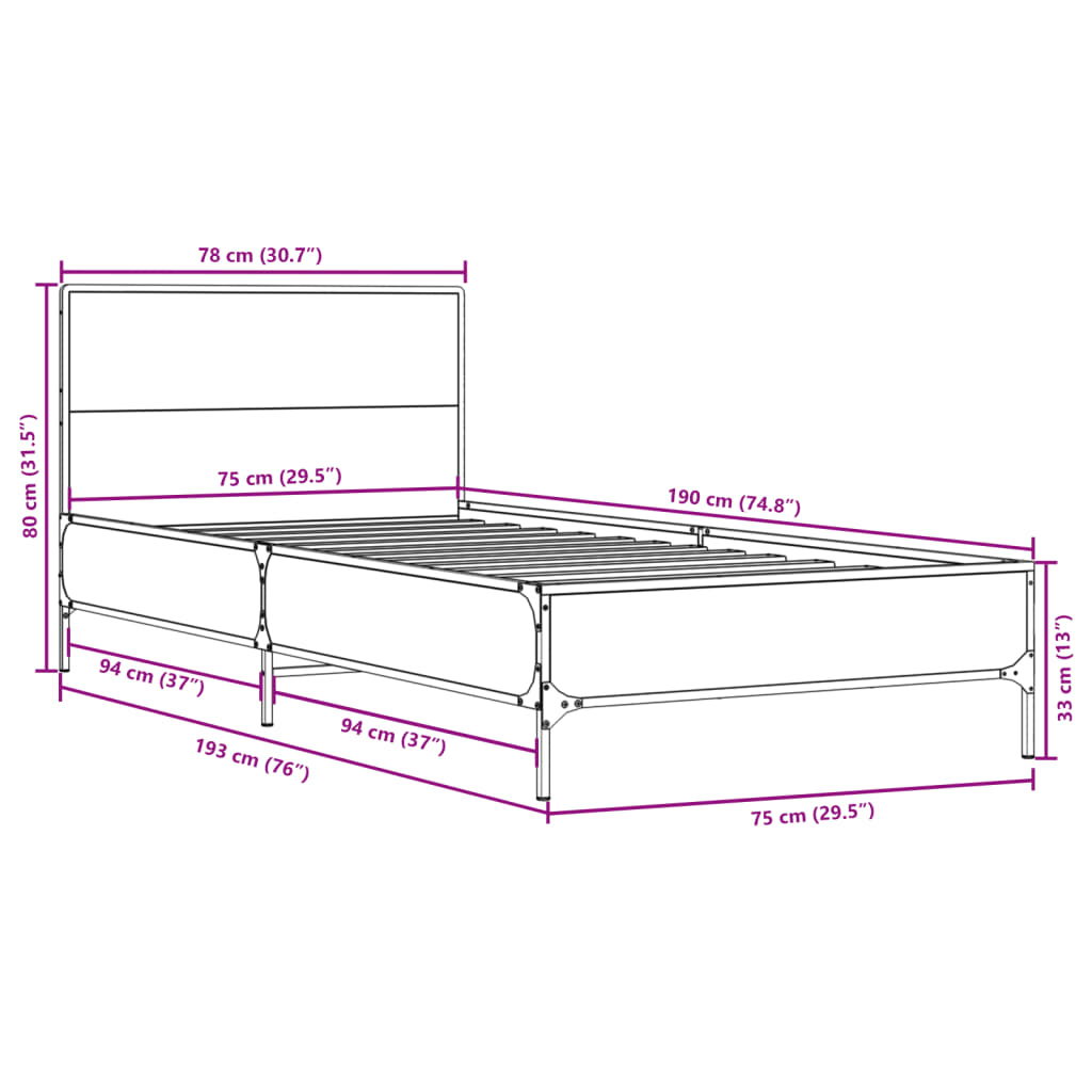 vidaXL Sengeramme grå sonoma 75x190 cm konstruert tre og metall