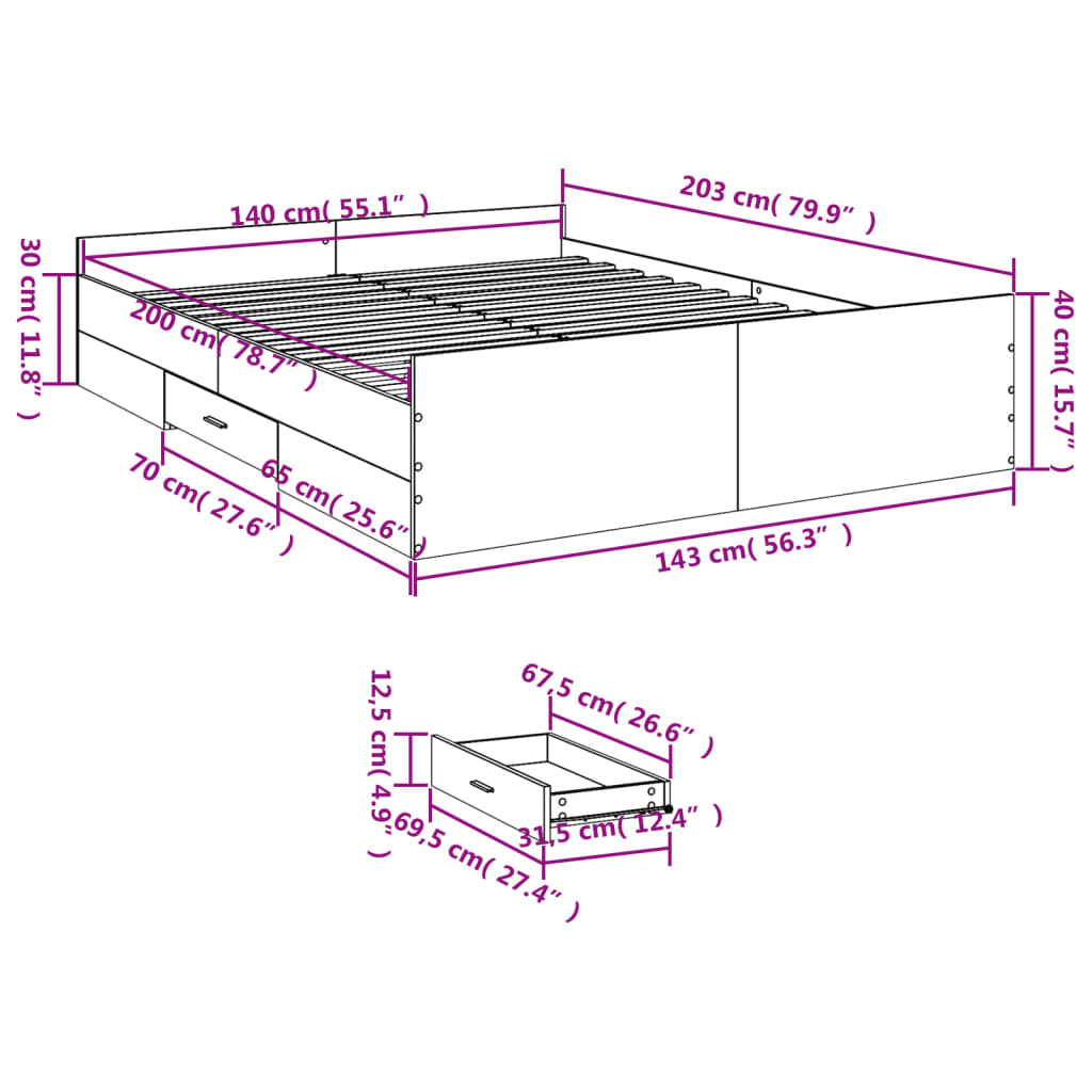 vidaXL Sengeramme med skuffer røkt eik 140x200 cm konstruert tre