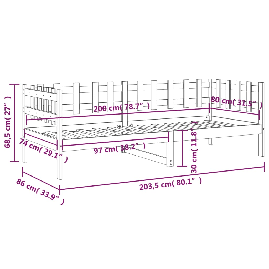 vidaXL Dagseng honningbrun 80x200 cm heltre furu