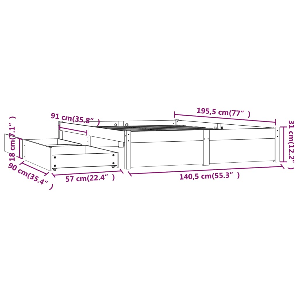 vidaXL Sengeramme med skuffer svart 135x190 cm Double